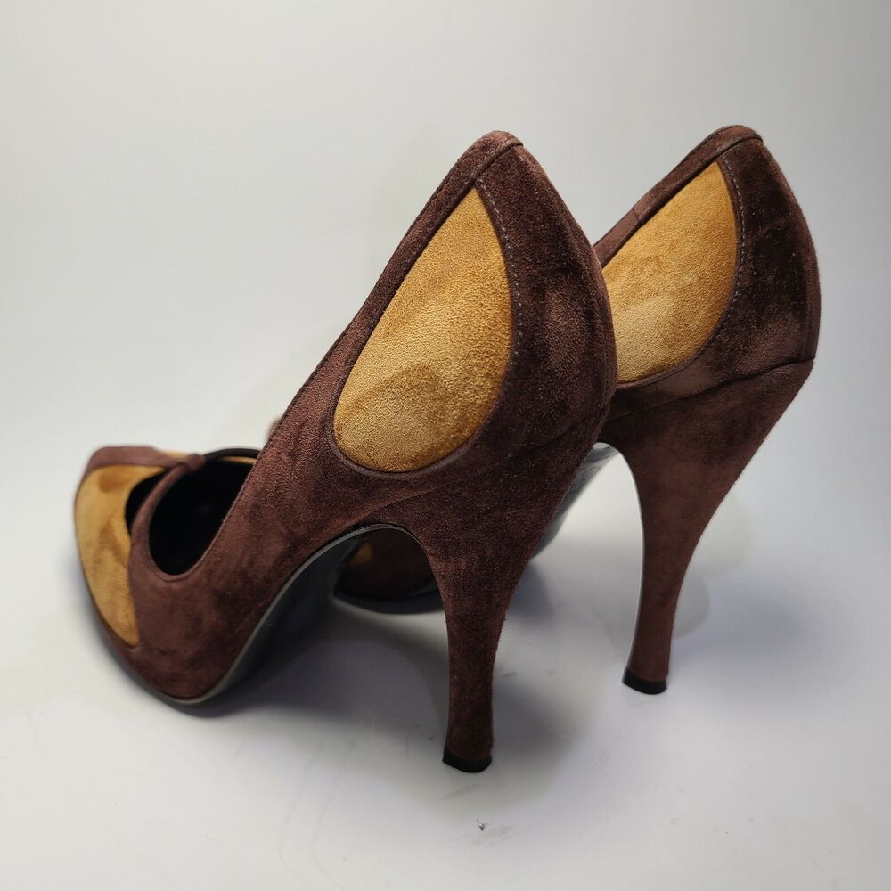 Roger Vivier women heels Pump Paris 2-tone brown Leather suede sz 37.5 7.5 new - Picture 5 of 10
